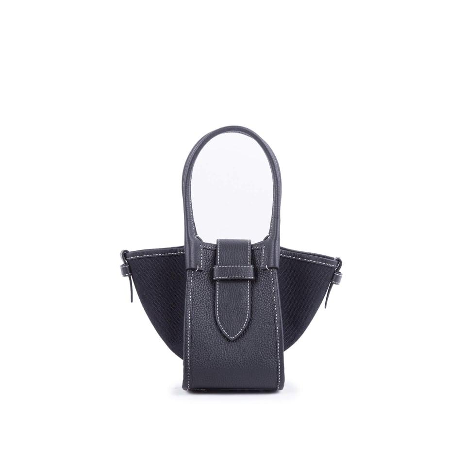 Mini Schwarz & Schwarz Zweihand-Canvas und Full Grain Cow Leather Square Swing Bag