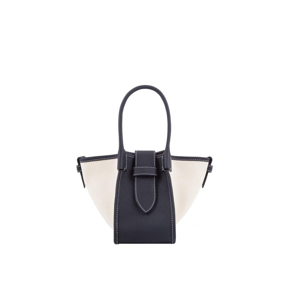 Mini Schwarz & Weiß Zweihand-Canvas und Full Grain Cow Leather Square Swing Bag