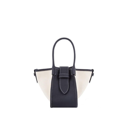 Mini Schwarz & Weiß Zweihand-Canvas und Full Grain Cow Leather Square Swing Bag