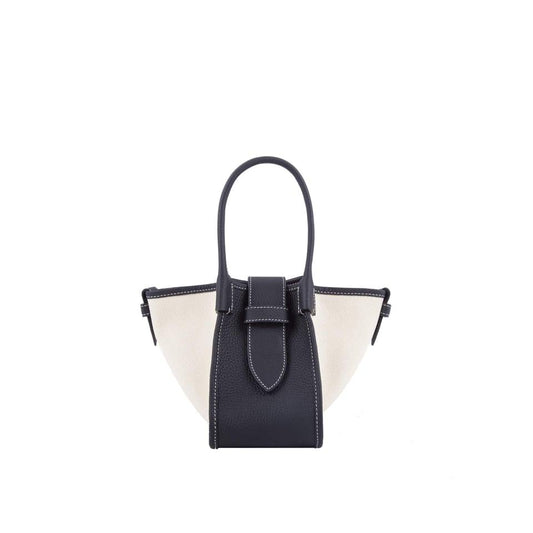 Mini Schwarz & Weiß Zweihand-Canvas und Full Grain Cow Leather Square Swing Bag
