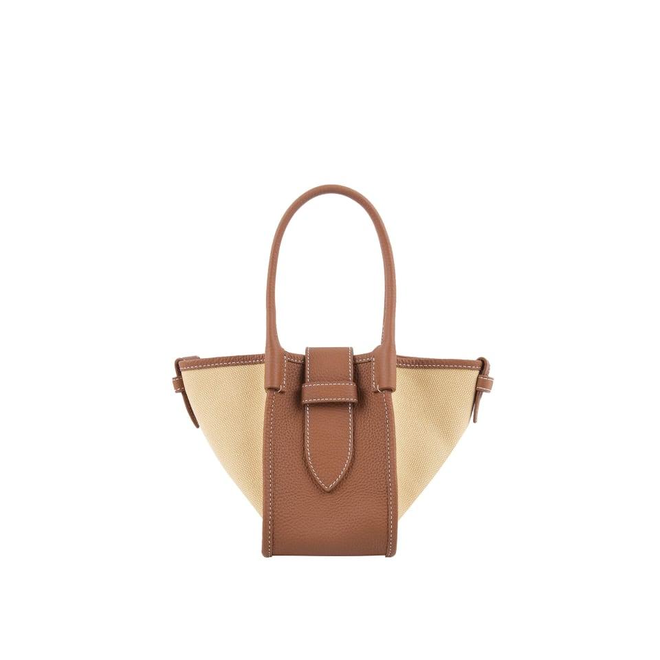 Mini Braun Zweihand-Canvas und Full Grain Cow Leather Square Swing Bag