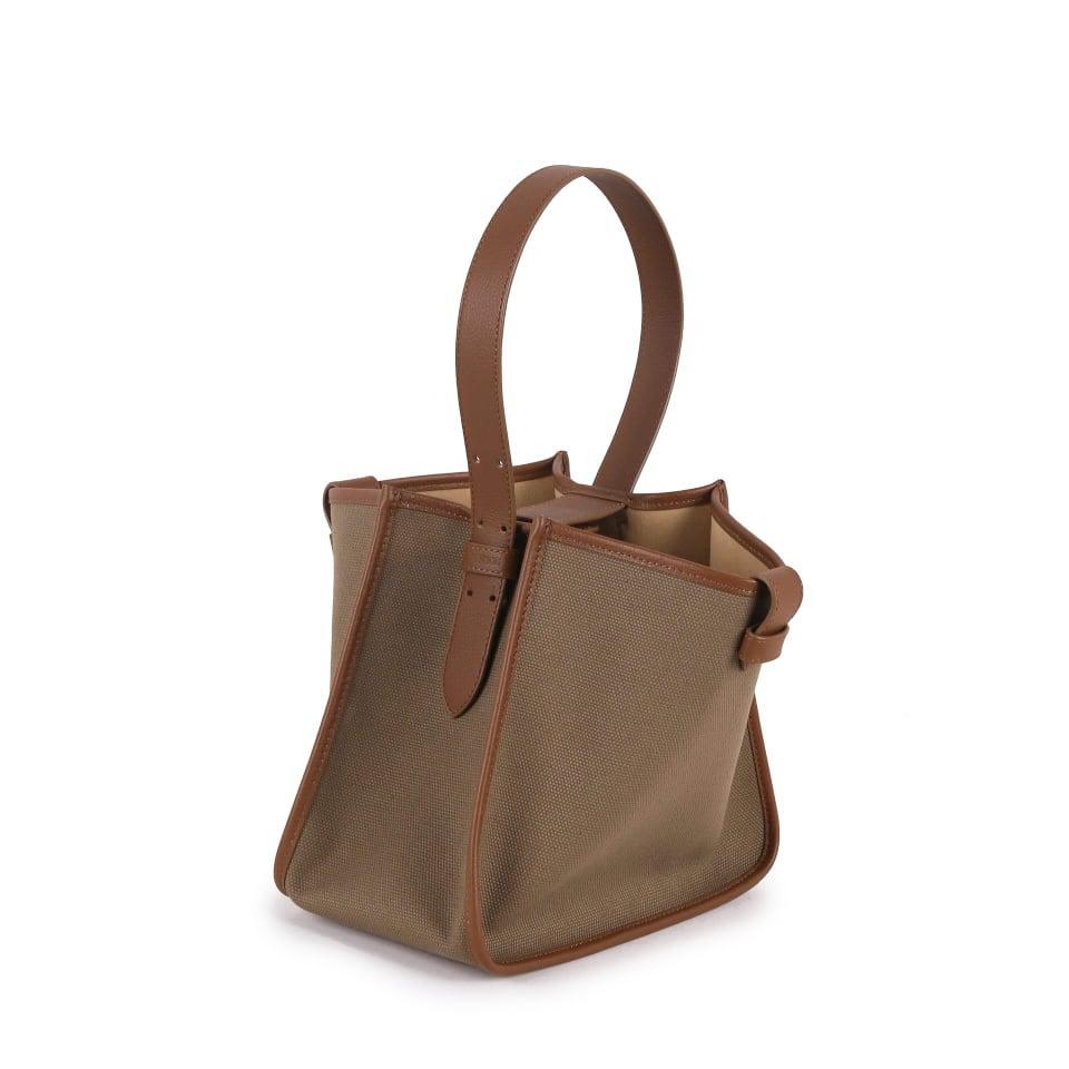 KOJII - Square Large Tragetasche in Leder & Canvas Dark Braun & Dark Khaki