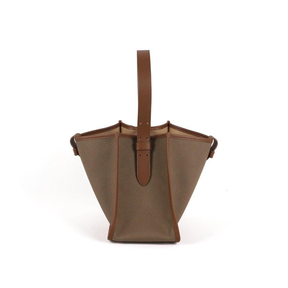 KOJII - Square Large Tragetasche in Leder & Canvas Dark Braun & Dark Khaki