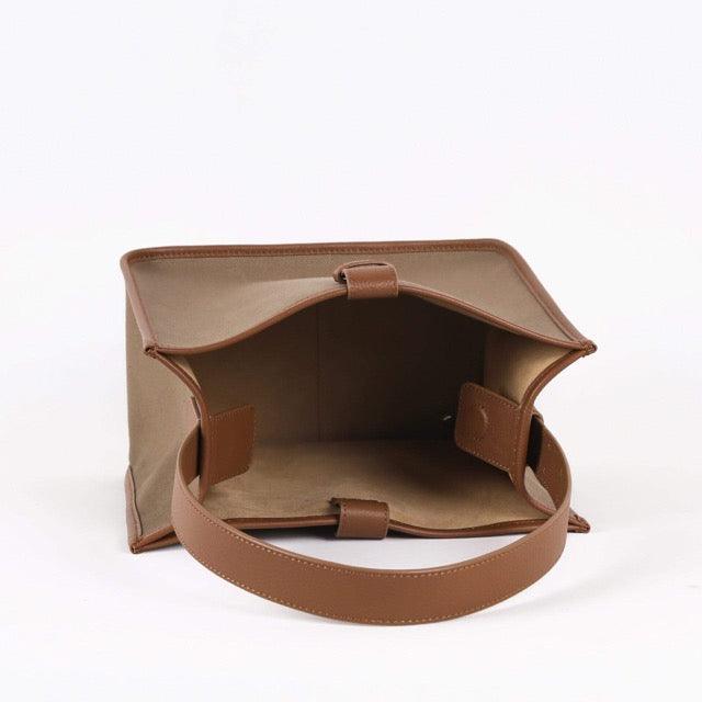 KOJII - Square Large Tragetasche in Leder & Canvas Dark Braun & Dark Khaki