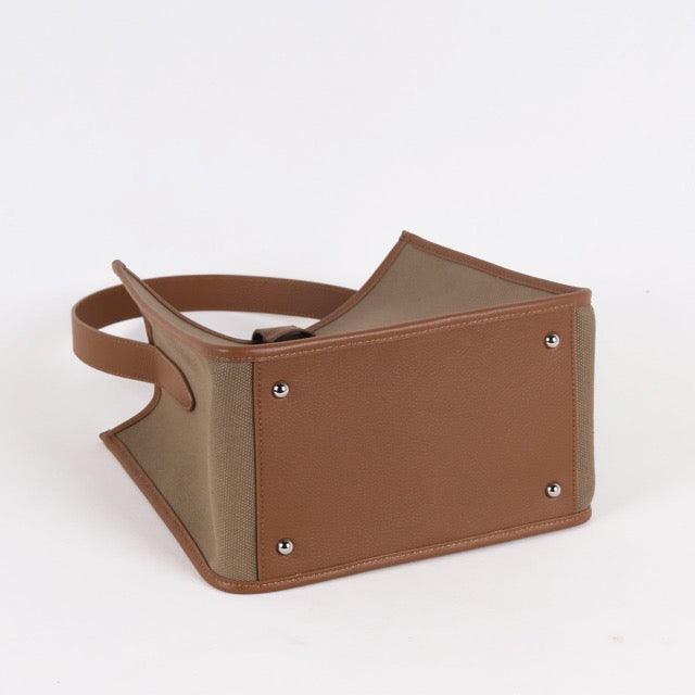 KOJII - Square Large Tragetasche in Leder & Canvas Dark Braun & Dark Khaki