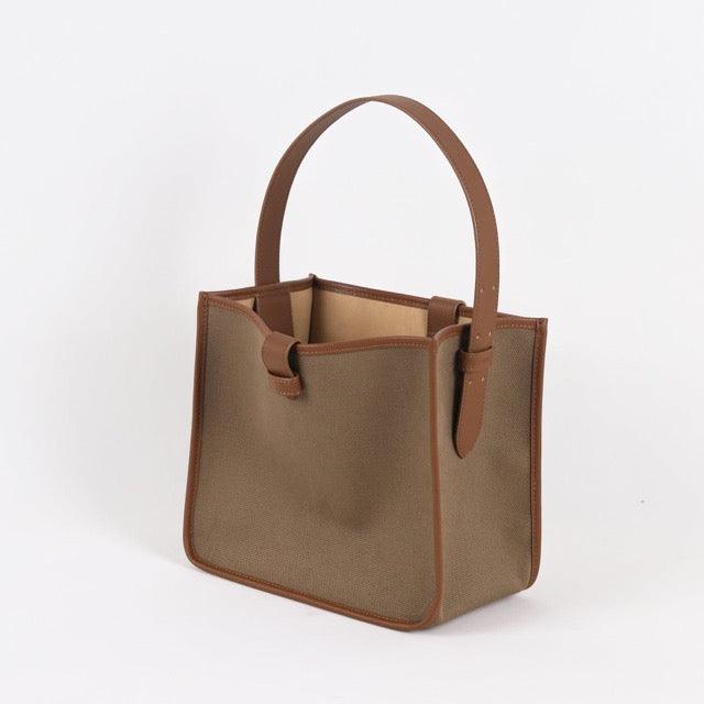 KOJII - Square Large Tragetasche in Leder & Canvas Dark Braun & Dark Khaki