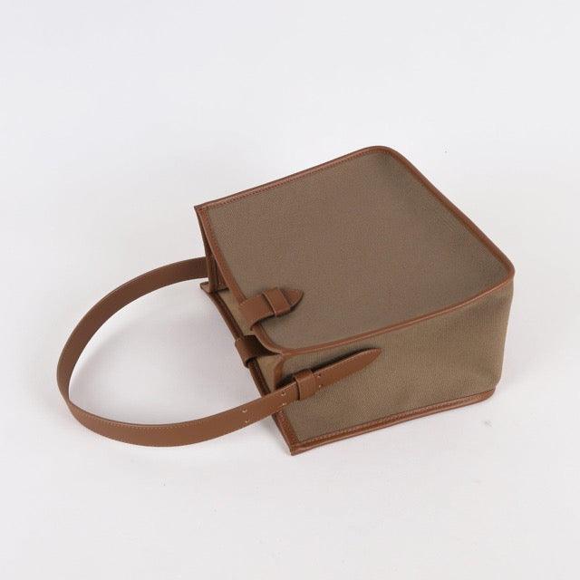 KOJII - Square Large Tragetasche in Leder & Canvas Dark Braun & Dark Khaki