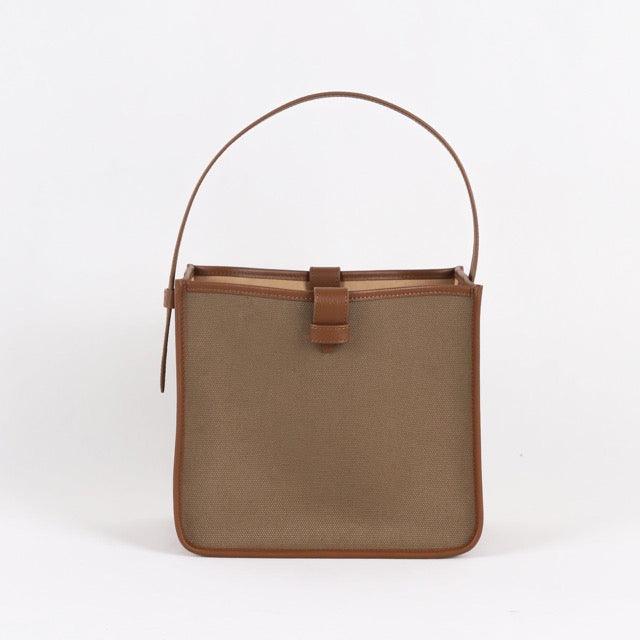 KOJII - Square Large Tragetasche in Leder & Canvas Dark Braun & Dark Khaki