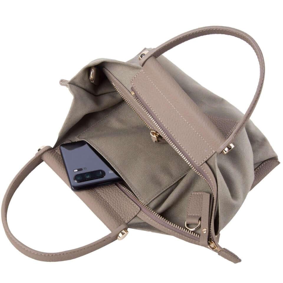 INA - Mini Tragetasche in Leder & Canvas Khaki