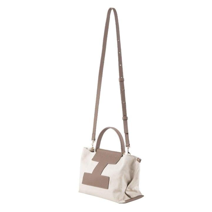 INA - Mini Tragetasche in Leder & Canvas Weiß & Creme