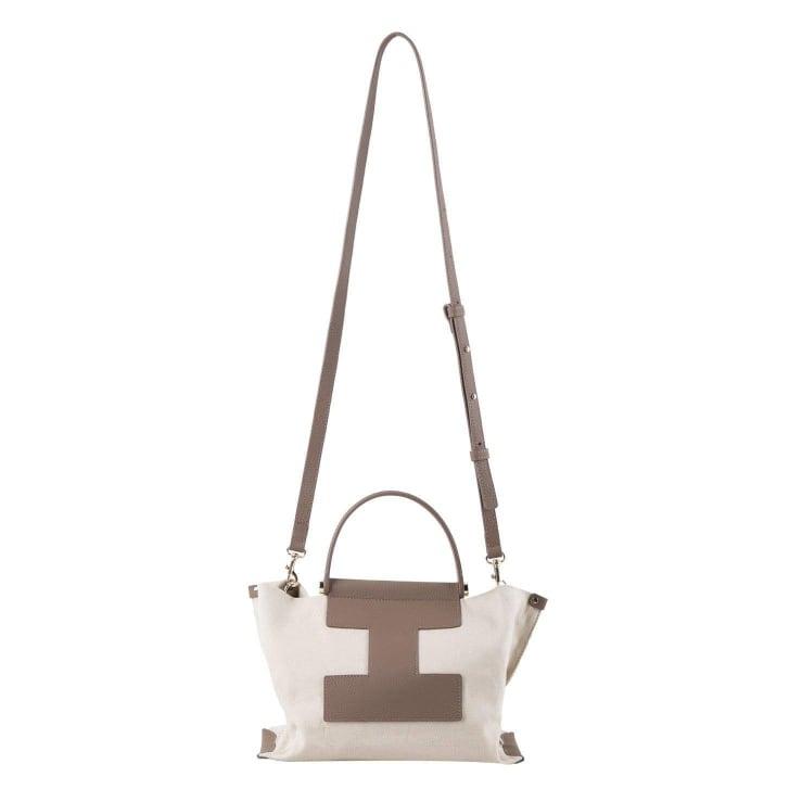 INA - Mini Tragetasche in Leder & Canvas Weiß & Creme