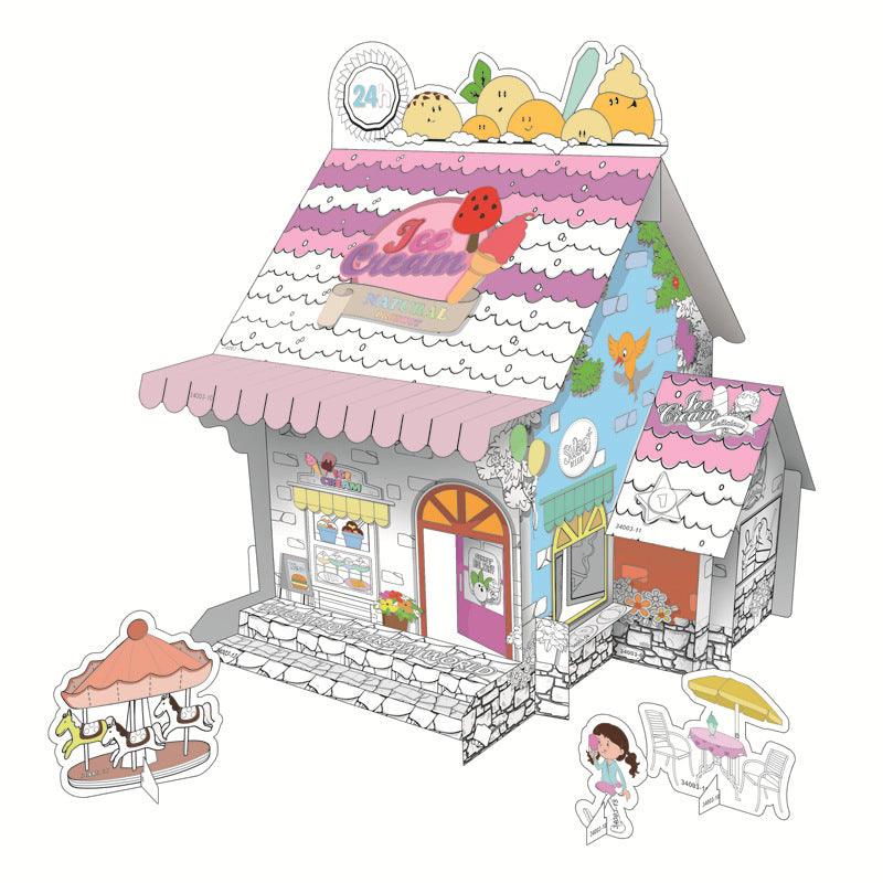 Pädagogisches Papierspielzeug | Mini DIY Creative Coloring Cardboard House - Eiscreme Shop