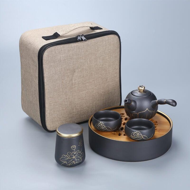 Portable Travel Hand Painted Lotus Stoneware Tee-Set - 5pcs mit Tee Tray