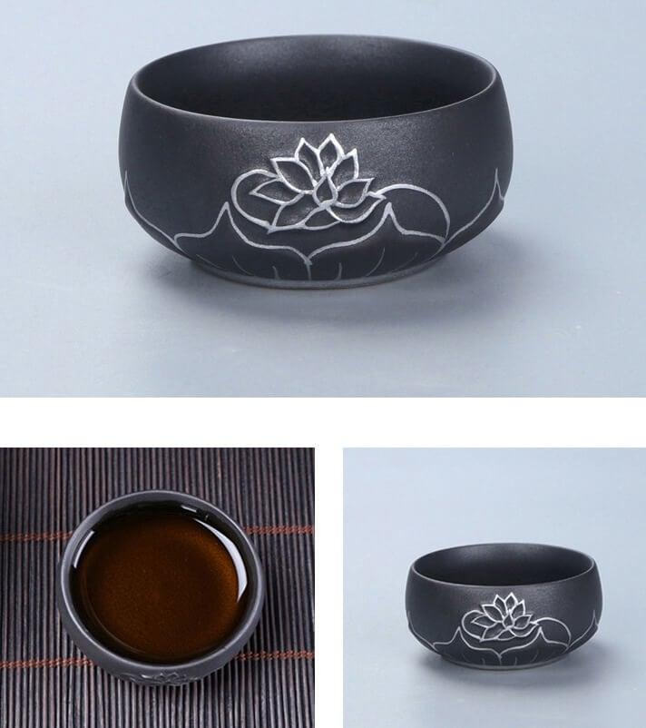 Portable Travel Hand Painted Lotus Stoneware Tee-Set - 5pcs mit Tee Tray