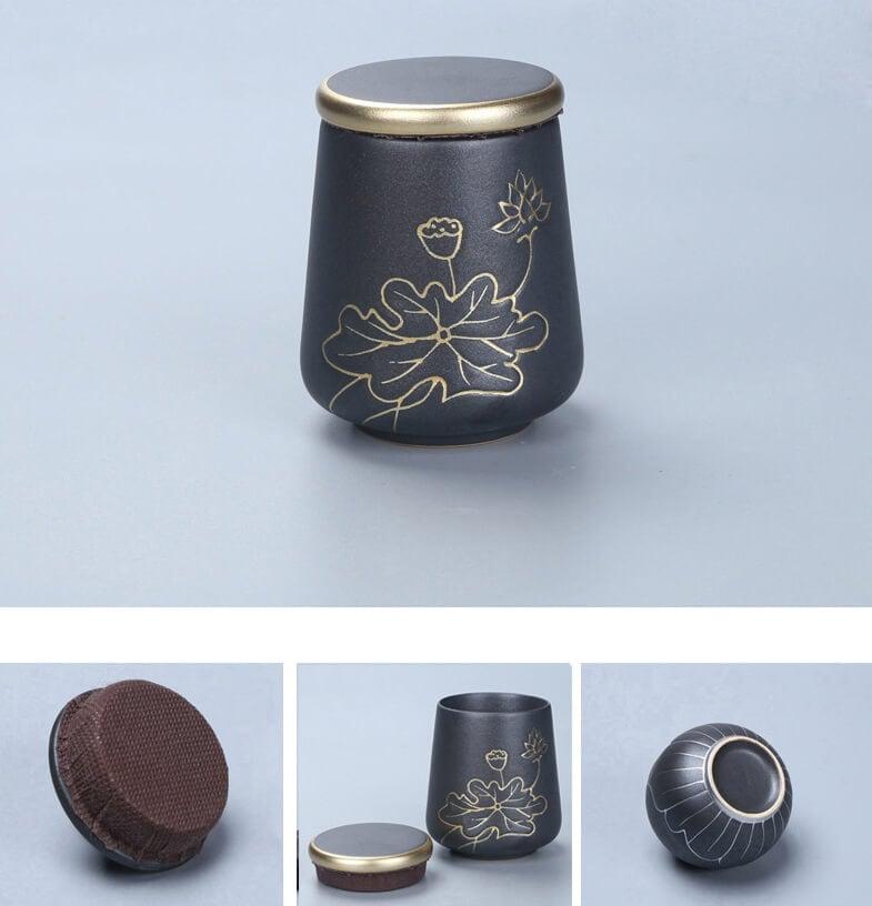 Portable Travel Hand Painted Lotus Stoneware Tee-Set - 5pcs mit Tee Tray