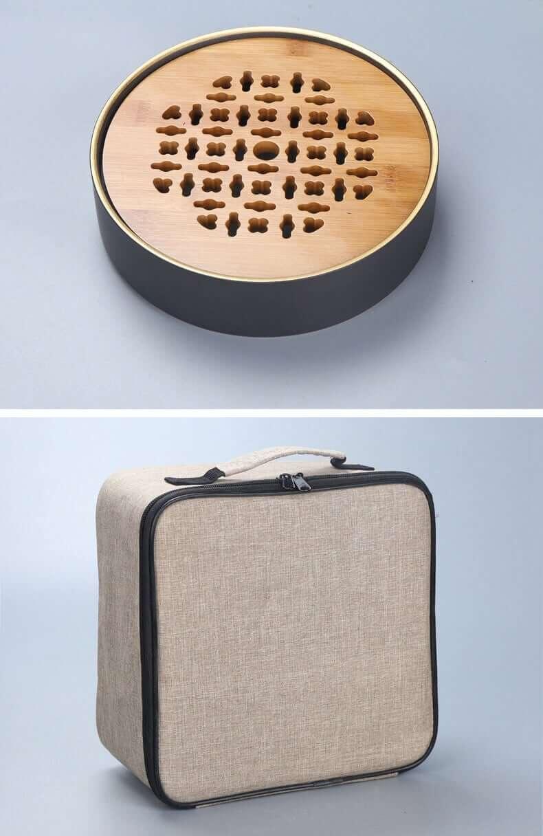 Portable Travel Hand Painted Lotus Stoneware Tee-Set - 5pcs mit Tee Tray