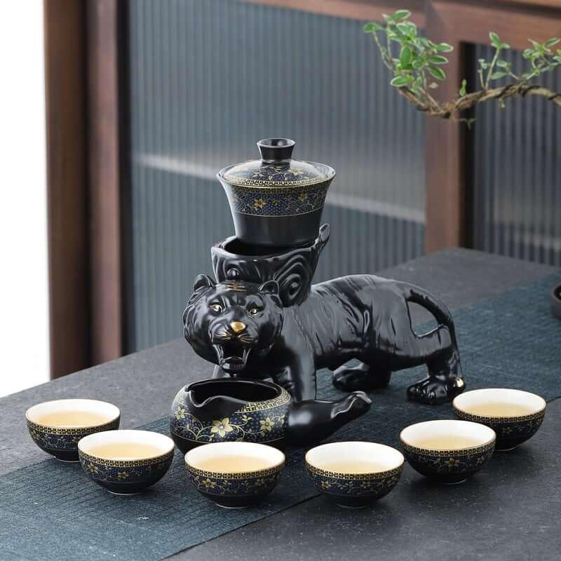 Semi Automatic Tiger Ceramic Kung Fu Tea Set - 9 Stück