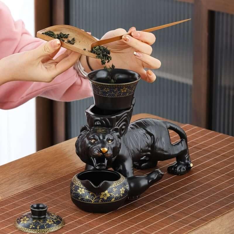 Semi Automatic Tiger Ceramic Kung Fu Tea Set - 9 Stück