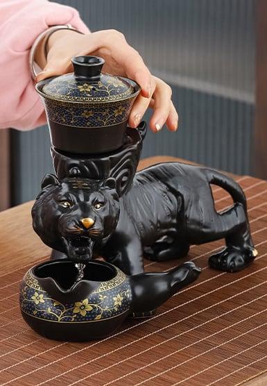 Semi Automatic Tiger Ceramic Kung Fu Tea Set - 9 Stück